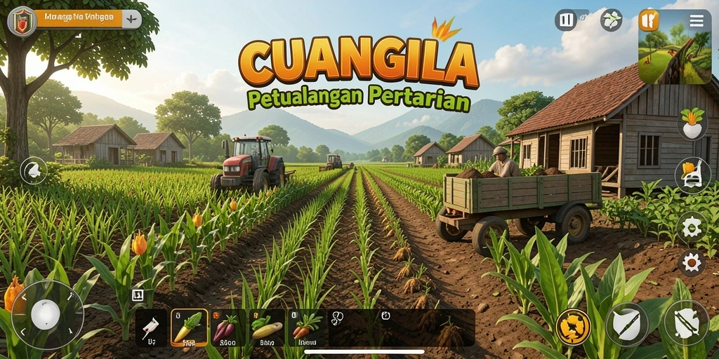 Screenshot CUANGILA menampilkan kebun yang subur dan hewan ternak.