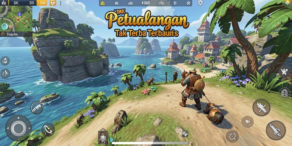 Screenshot DKK menampilkan karakter menjelajahi alam terbuka yang menakjubkan.