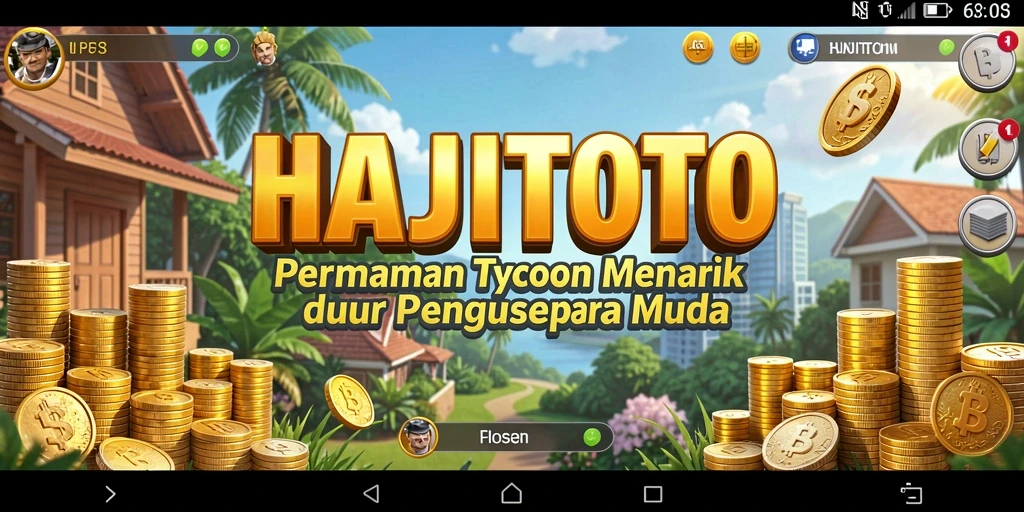 Screenshot utama menunjukkan gameplay seru HAJITOTO dan manajemen bisnis yang menarik.