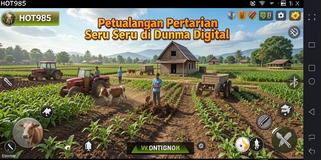 Tangkapan layar menampilkan gameplay seru di HOT985 dengan aktivitas bertani.