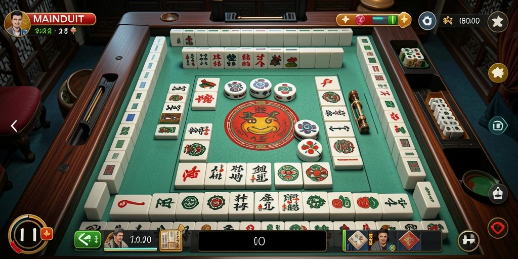 Tampilan gameplay MAINDUIT yang menarik dengan ubin Mahjong berwarna-warni.