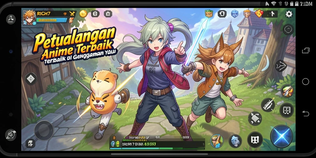 Gameplay RICH7 dengan karakter anime yang dinamis.