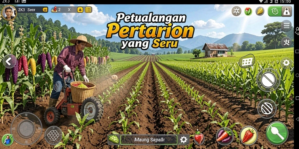 Tangkapan layar gameplay ZK3 menampilkan aktivitas bertani yang seru.
